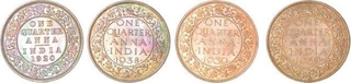 Bronze One Quarter Anna Coins of King George V and King George VI of Calcutta and Bombay Mint of different Year.