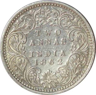 Silver Two Annas Coin of Victoria Queen of Bombay Mint of 1862.