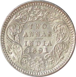 Silver Two Annas Coin of Victoria Empress of Calcutta Mint of 1891.