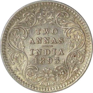 Silver Two Annas Coin  of Victoria Empress of Calcutta Mint of 1893.