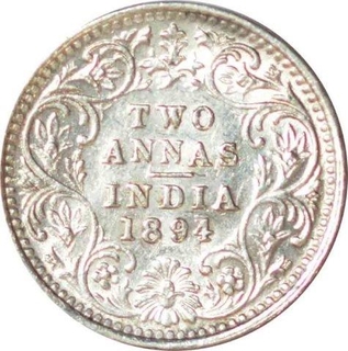 Silver Two Annas Coin  of Victoria Empress of Bombay Mint of 1894.