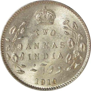 Silver  Two Annas Coin of King Edward Calcutta Mint of 1910.