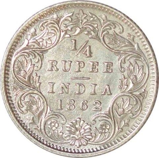 Silver Quarter Rupee Coin of Victoria Queen of Calcutta Mint of 1862.