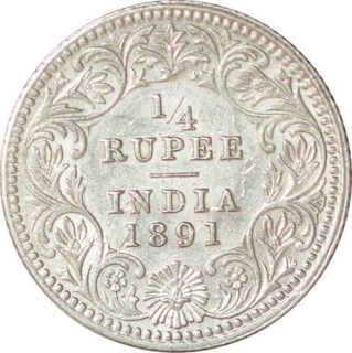 Silver Quarter Rupee Coin of Victoria Empress of Calcutta Mint of 1891.