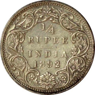 Silver Quarter Rupee Coin of Victoria Empress of Calcutta Mint of 1892.