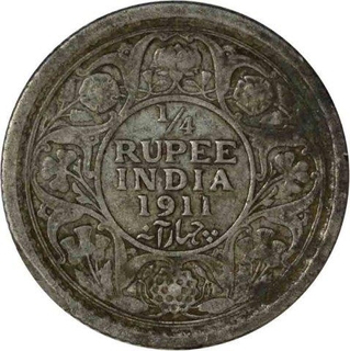 Silver Quarter Rupee Coin of King George V of Calcutta Mint of 1911.