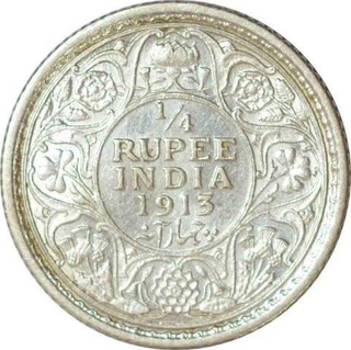 Silver Quarter Rupee Coin of King George V of Calcutta Mint of 1913.