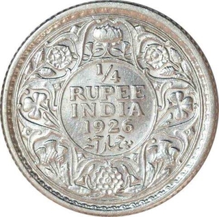 Silver Quarter Rupee Coin of King George V of Calcutta Mint of 1926.