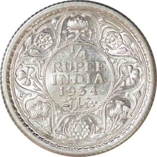 Silver Quarter Rupee Coin of King George V of Calcutta Mint of 1934.