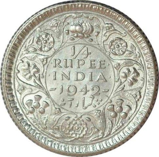 Silver Quarter Rupee Coin  of King George VI of Calcutta Mint of 1942.