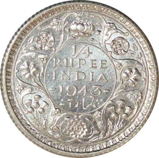 Silver Quarter Rupee Coin of King George VI of Calcutta Mint of 1943.