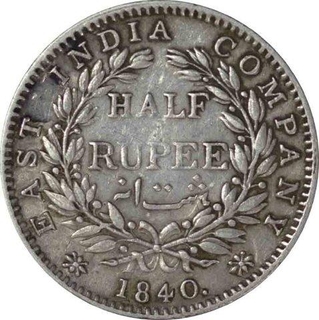 Silver Half Rupee Coin of Victoria Queen of Bombay Mint of 1840.