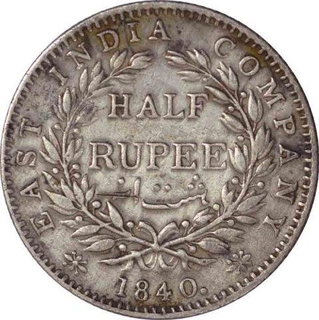 Silver Half Rupee Coin of Victoria Queen of Bombay Mint of 1840.