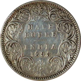 Silver Half Rupee Coin of Victoria Empress of Bombay Mint of 1893.