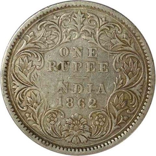 Silver One Rupee Coin  of Victoria Queen of Calcutta Mint of 1862.