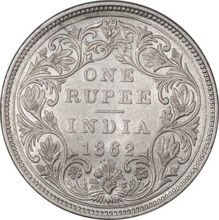 Silver One Rupee Coin of Victoria Queen of Bombay Mint of 1862.