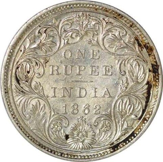 Silver One Rupee Coin of Victoria Queen of Bombay Mint of 1862.