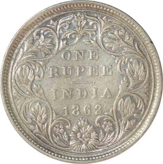 Silver One Rupee Coin of Victoria Queen of Bombay Mint of 1862.