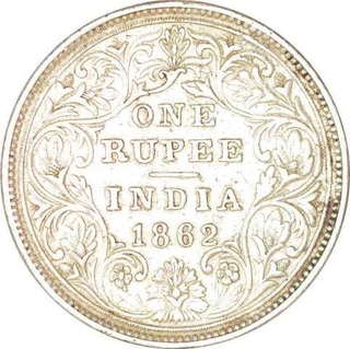 Silver One Rupee Coin  of Victoria Queen of Calcutta Mint of 1862.