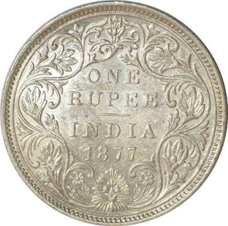 Silver One Rupee Coin  of Victoria Empress of Bombay Mint of 1877.