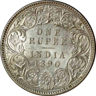 Silver One Rupee Coin  of Victoria Empress of Bombay Mint of  1890.