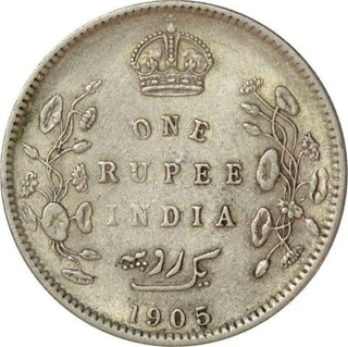 Silver One Rupee Coin of King Edward VII of Calcutta Mint of 1905.