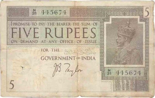 Five Rupee Bank Note of  King George V of signed by  J B Tylore of 1925.