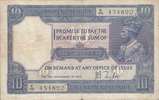 Ten Rupee Bank Note of King George V of  signed by  J  B Taylor of 1926.