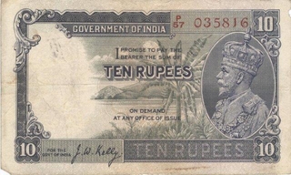 Ten Rupee Bank Note of King George V of signed by J W Kelly of 1933.