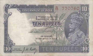 Ten Rupee Bank Note of King George V of signed by J W Kelly of 1933.