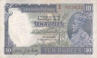 Ten Rupee Bank Note of King George V of signed by J W Kelly of 1933.