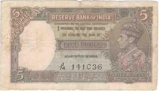 Five Rupees Bank Note of King George VI signed by J B Taylor of 1938.