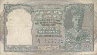 Five  Rupees Bank Note of King George VI of signed by C D Deshmukh of 1944.