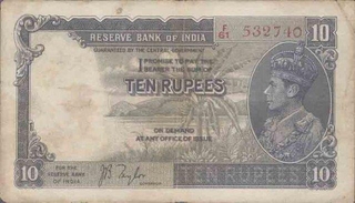 Ten Rupees Bank Note of King George VI signed by J B Taylor of 1938.