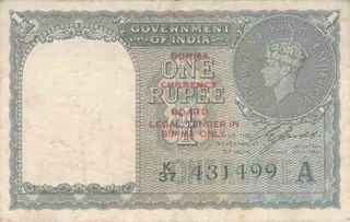 One Rupee Bank Note of King George VI signed by CE Jones of Burma issue.