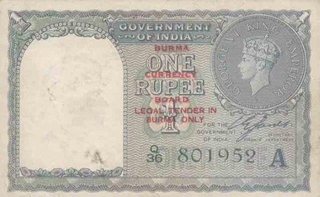 One Rupee Bank Note of King George VI of signed by C E Jones of Burma Issue of 1947.