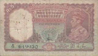 Five Rupee Bank Note of King George VI signed by J B Taylor of Burma issue.