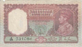 Five Rupee Bank Note of King George VI of signed by  J  B  Taylor of Burma issue.