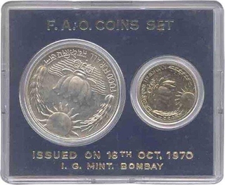 UNC Set of Ten Rupees and Twenty Paise Coins of Bombay Mint of the year 1970.