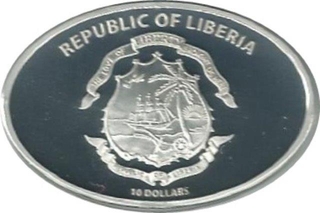 Silver Ten Dollar Coin of Republic of Liberia of 2005.