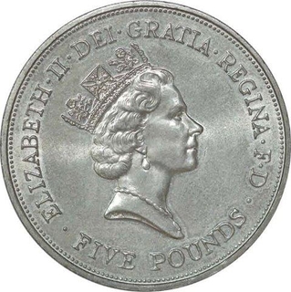 Cupro Nickle five Pound Coin of United Kingdom of 1990.