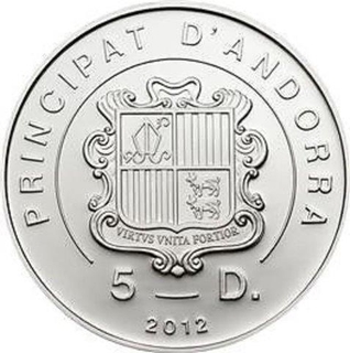 Proof Silver Five Dinars Coin of Andorra of 2012.