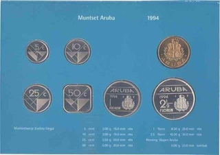 Set Seven Coins of Different Denominations of Dutch mint of Aruba.