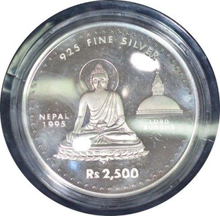 Silver Two Thousand Five Hundred Rupees Proof Coin ofShree Panch Birendra Bir Bikram Shah Dev of Singapore Mint of Nepal.