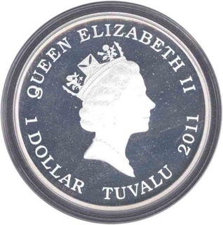 Silver One Dollar Proof Coin of Elizabeth II of Tuvalu of 2011.