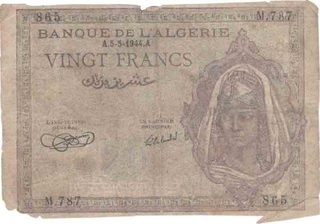 Twenty Francs Bank Note of Algeria of 1944.