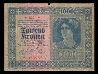 One Thousand Kronen Bank Note of Austria of 1922.