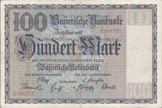 One Hundred Mark Bank Note of Bavaria of 1922.