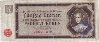 Fifty Korun Bank Note of Bohemia and Moravia of 1940.