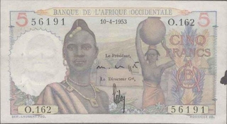 Five Francs Bank Notes of French West Africa of 1953.